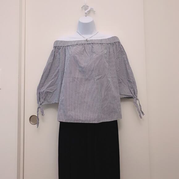 TOPSHOP Tie Sleeves Stripe Off the Shoulder Top - Picture 2 of 5